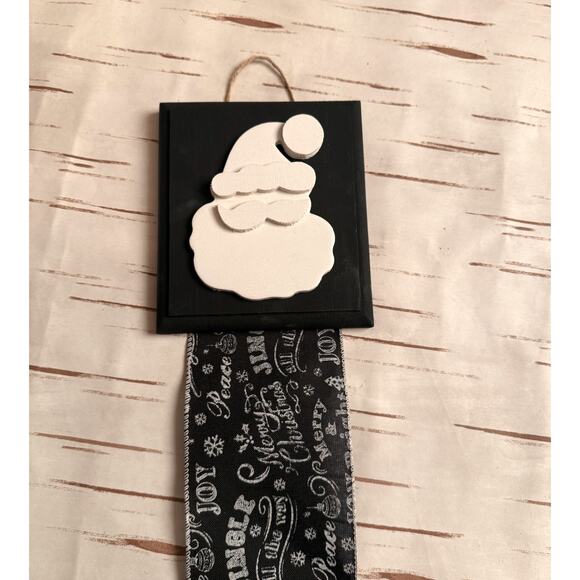 Santa Christmas Holiday Card Holder Black Wooden Topper Black Script Ribbon - Picture 4 of 4